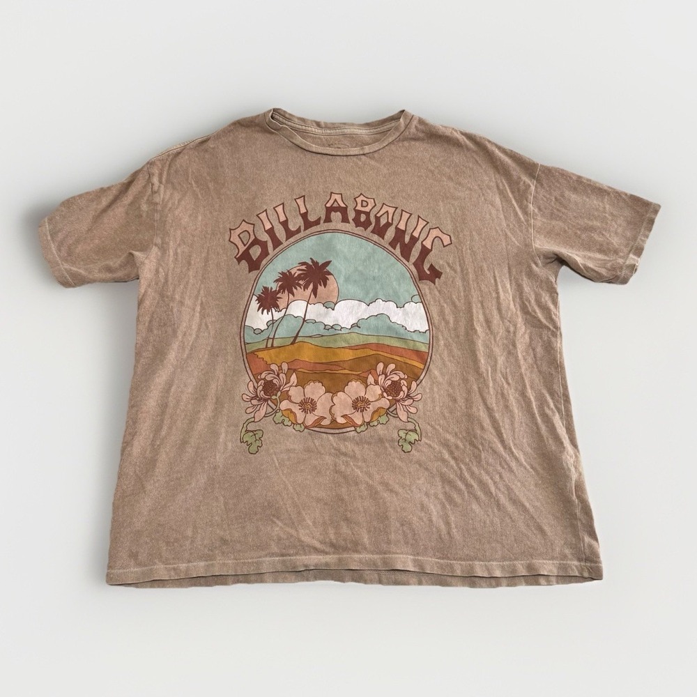 Billabong Women's Tan Graphic Tee Shirt Medium Oversized 100% Cotton Beach Comfy